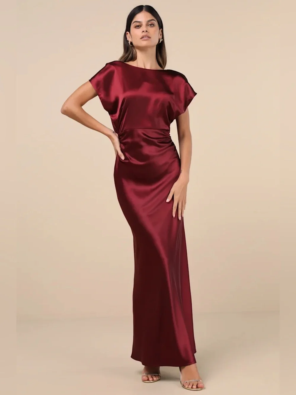 Lulus Captivating Presence Wine Red Satin Cowl Back Maxi Dress - Picture 2 of 8